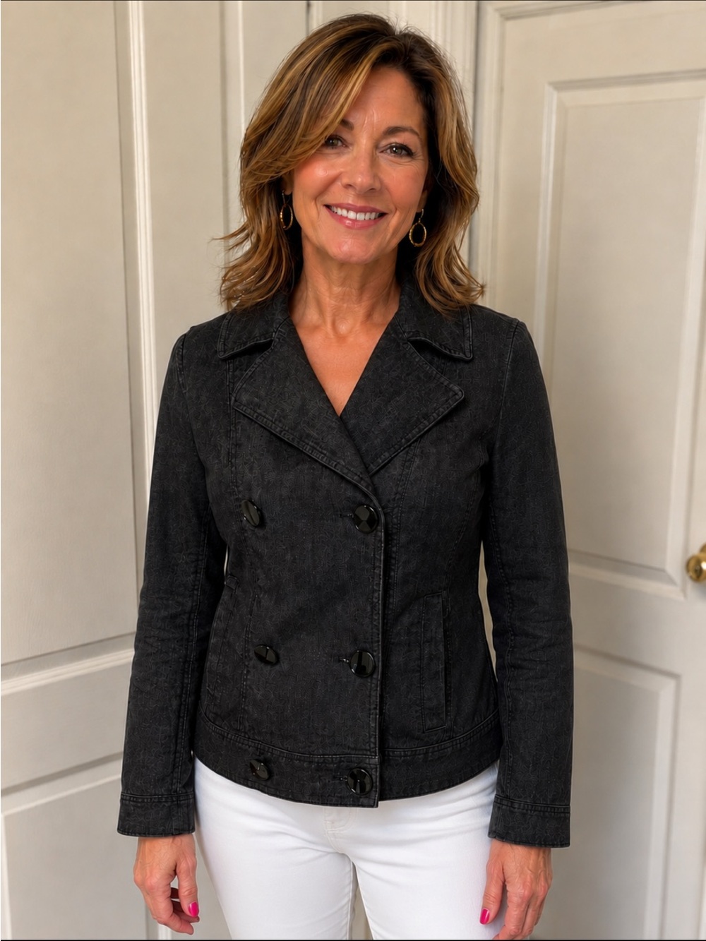 Talbots Black Denim Jacket | Double-Breasted Button Front Jean Blazer | Size 8